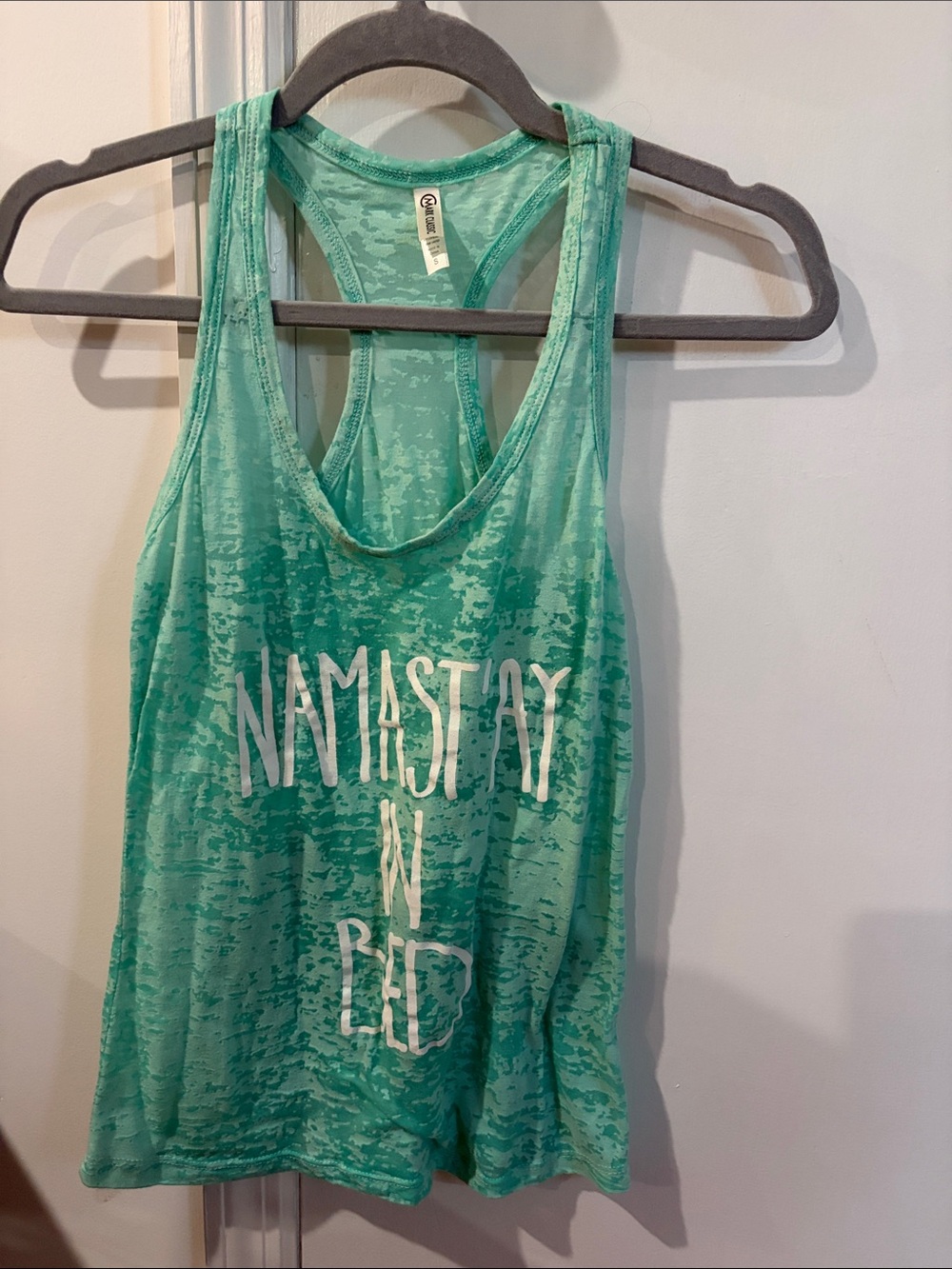 Turquoise NAMAST’AY IN BED Racerback Tank